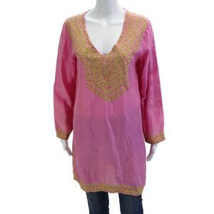 Graham Kandiah Womens Kaftan Blouse Pink V-Neck Long Sleeve Polyester Size L